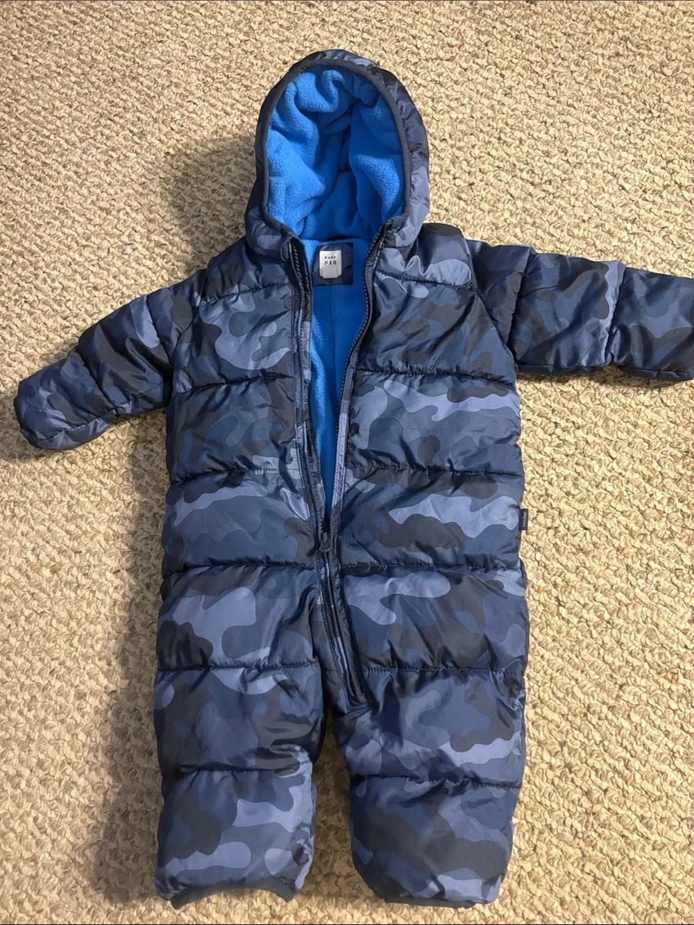 baby GAP Blue Camouflage Hooded Snowsuit, Size 3-6m